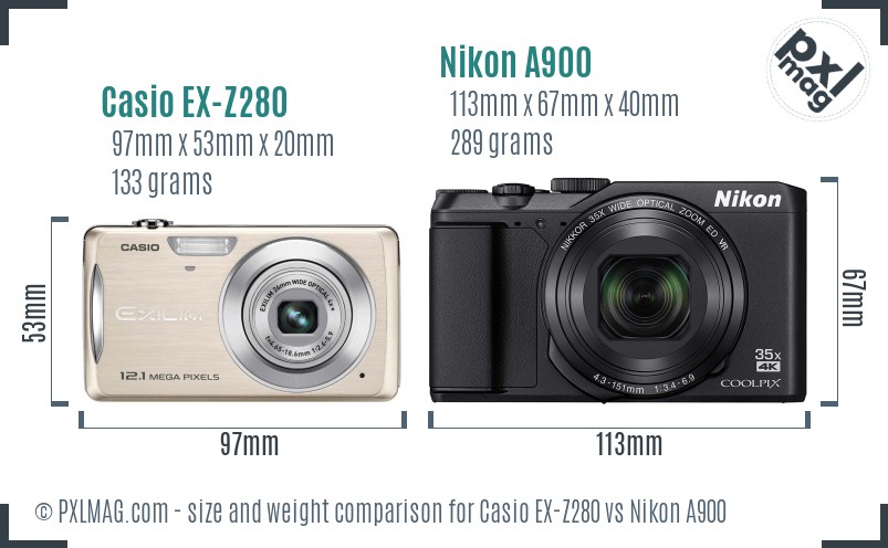Casio EX-Z280 vs Nikon A900 size comparison