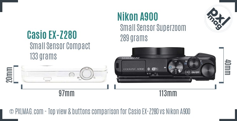 Casio EX-Z280 vs Nikon A900 top view buttons comparison