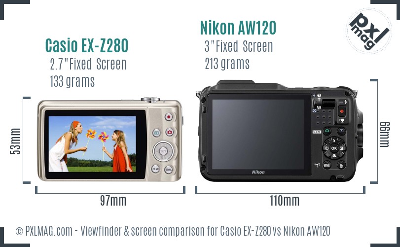 Casio EX-Z280 vs Nikon AW120 Screen and Viewfinder comparison