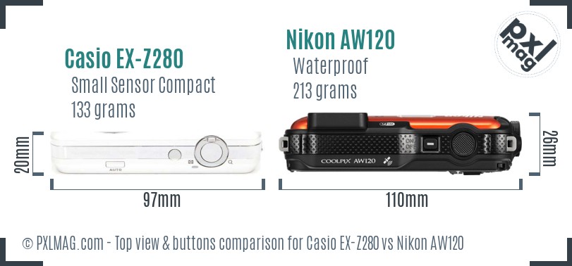 Casio EX-Z280 vs Nikon AW120 top view buttons comparison