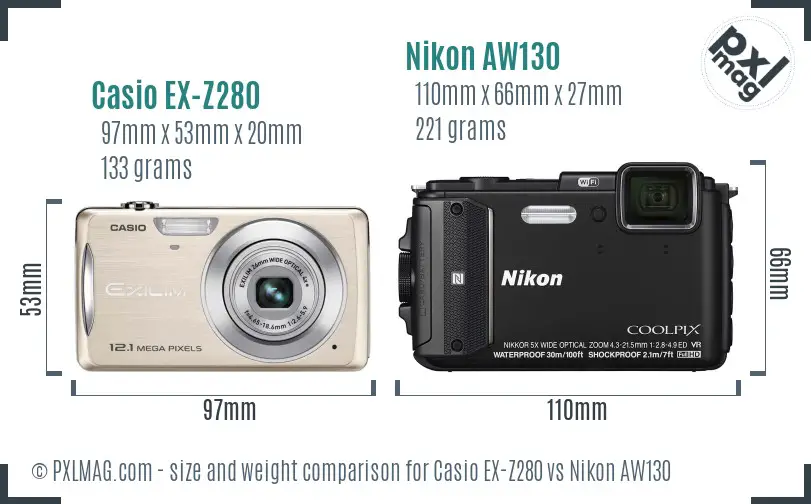 Casio EX-Z280 vs Nikon AW130 size comparison