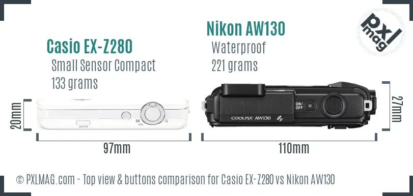 Casio EX-Z280 vs Nikon AW130 top view buttons comparison