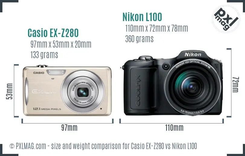 Casio EX-Z280 vs Nikon L100 size comparison