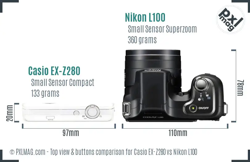 Casio EX-Z280 vs Nikon L100 top view buttons comparison