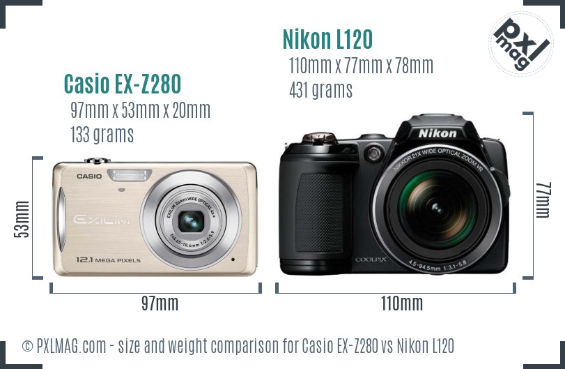 Casio EX-Z280 vs Nikon L120 size comparison