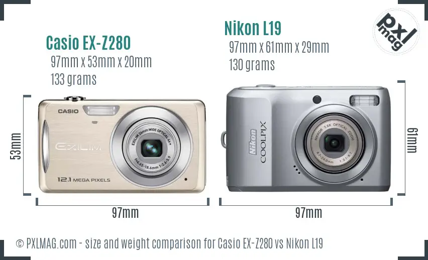 Casio EX-Z280 vs Nikon L19 size comparison