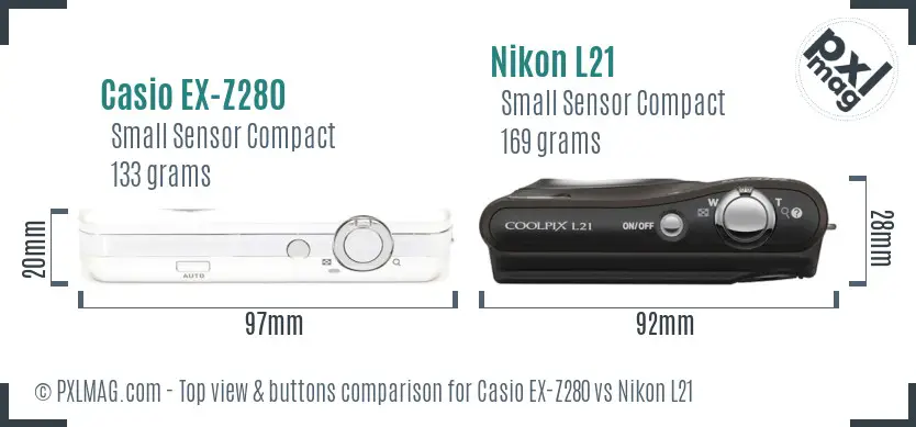 Casio EX-Z280 vs Nikon L21 top view buttons comparison Casio EX-Z280 vs Nikon L21 top view buttons comparison