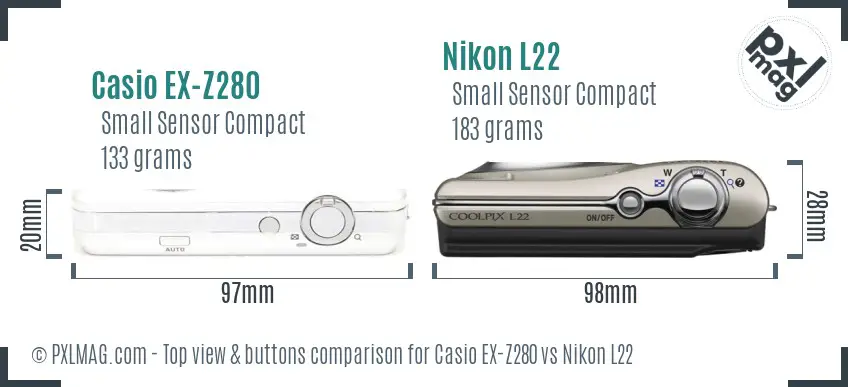 Casio EX-Z280 vs Nikon L22 top view buttons comparison Casio EX-Z280 vs Nikon L22 top view buttons comparison