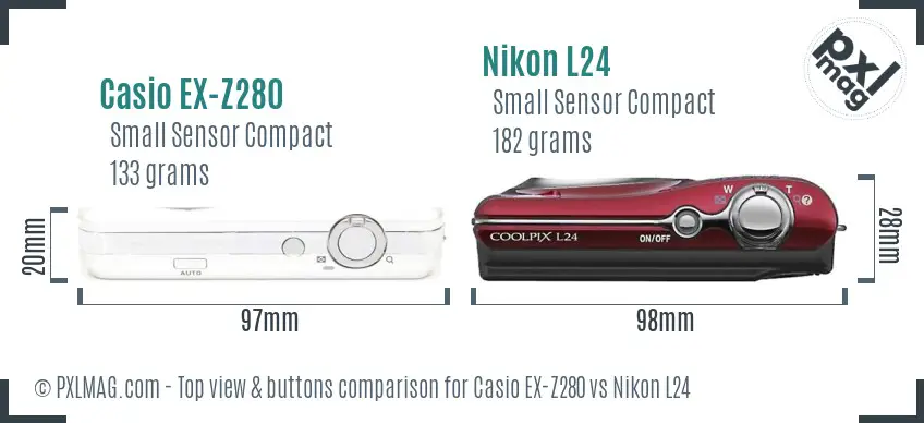 Casio EX-Z280 vs Nikon L24 top view buttons comparison Casio EX-Z280 vs Nikon L24 top view buttons comparison