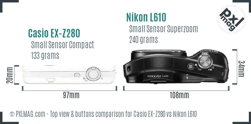 Casio EX-Z280 vs Nikon L610 top view buttons comparison Casio EX-Z280 vs Nikon L610 top view buttons comparison