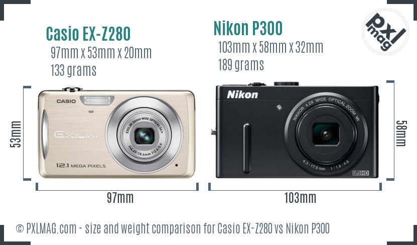 Casio EX-Z280 vs Nikon P300 size comparison