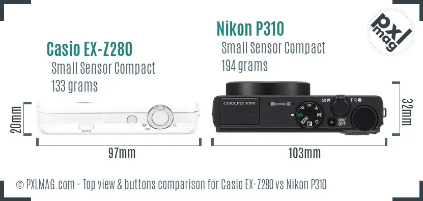 Casio EX-Z280 vs Nikon P310 top view buttons comparison Casio EX-Z280 vs Nikon P310 top view buttons comparison