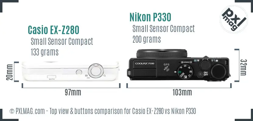 Casio EX-Z280 vs Nikon P330 top view buttons comparison