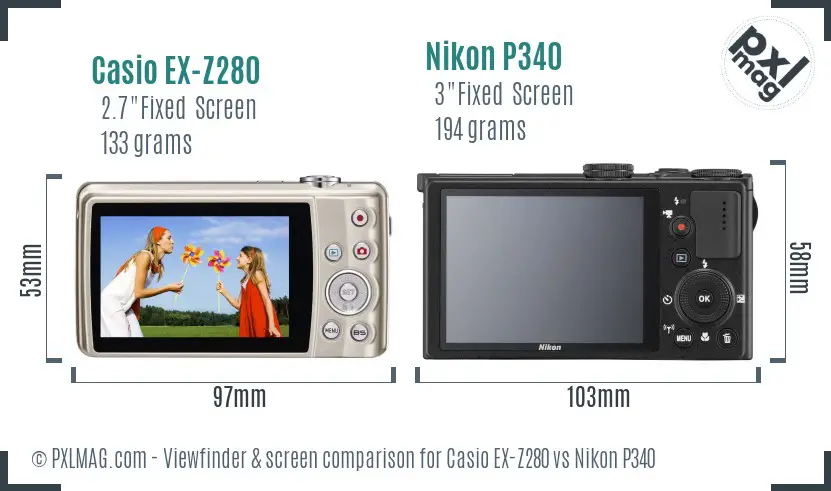 Casio EX-Z280 vs Nikon P340 Screen and Viewfinder comparison