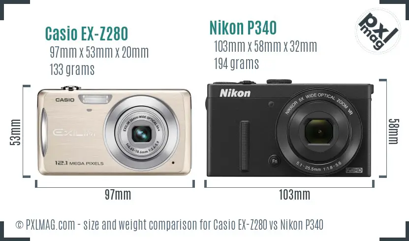 Casio EX-Z280 vs Nikon P340 size comparison