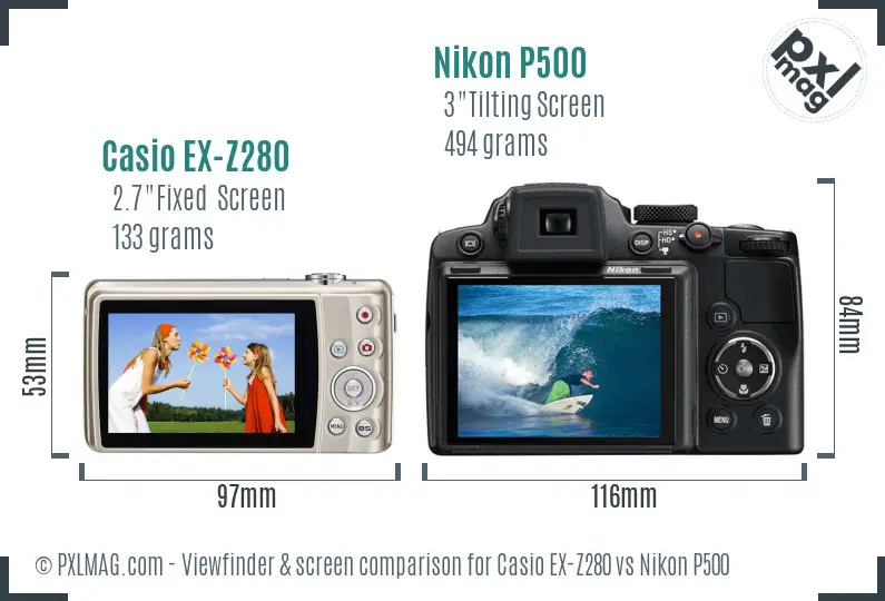 Casio EX-Z280 vs Nikon P500 Screen and Viewfinder comparison