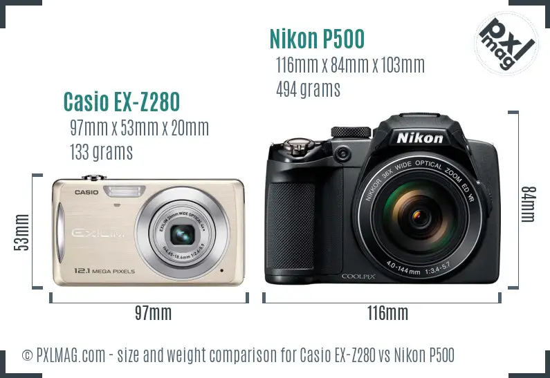 Casio EX-Z280 vs Nikon P500 size comparison