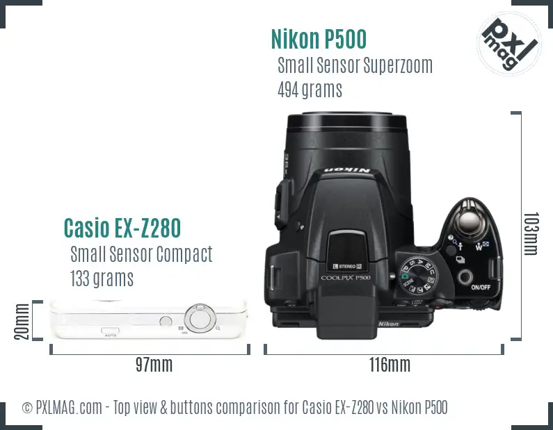 Casio EX-Z280 vs Nikon P500 top view buttons comparison