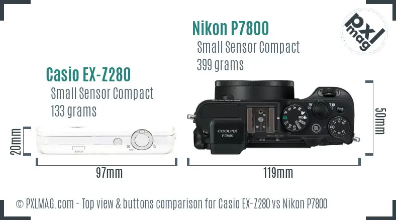 Casio EX-Z280 vs Nikon P7800 top view buttons comparison