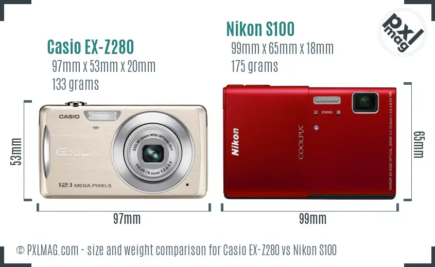 Casio EX-Z280 vs Nikon S100 size comparison
