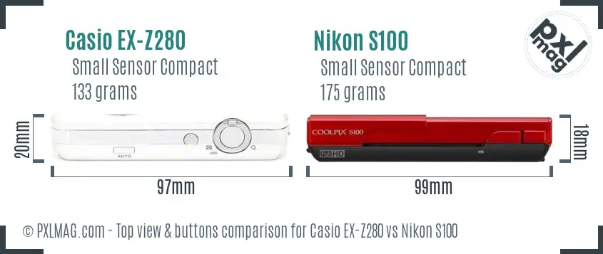 Casio EX-Z280 vs Nikon S100 top view buttons comparison