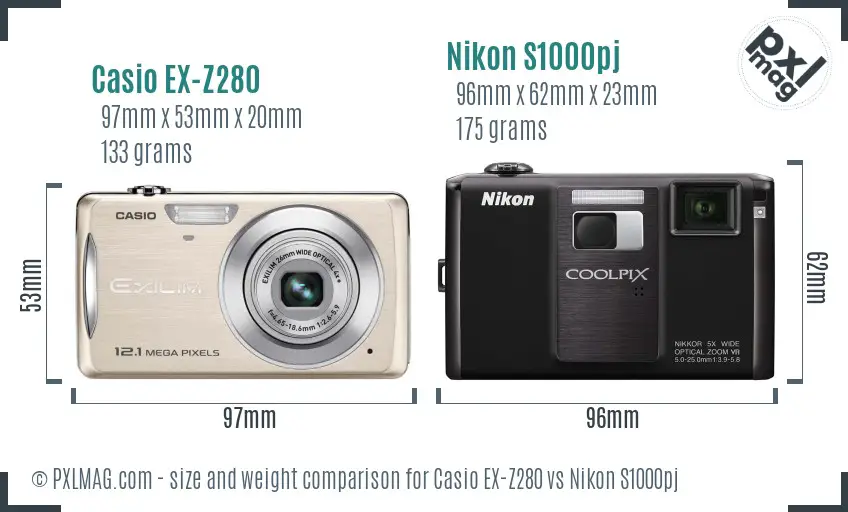 Casio EX-Z280 vs Nikon S1000pj size comparison