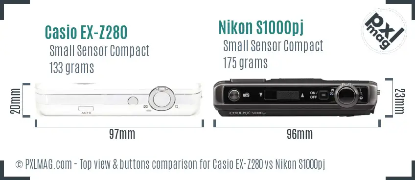 Casio EX-Z280 vs Nikon S1000pj top view buttons comparison