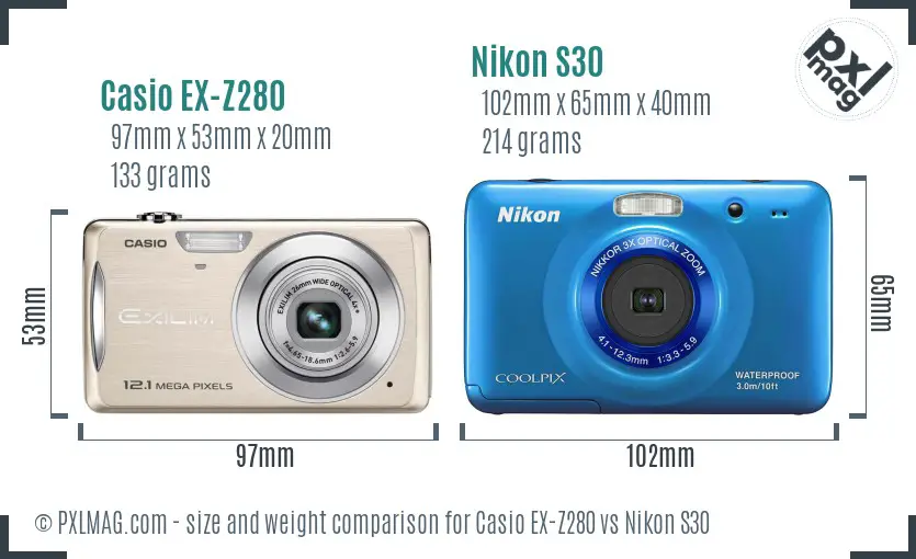 Casio EX-Z280 vs Nikon S30 size comparison