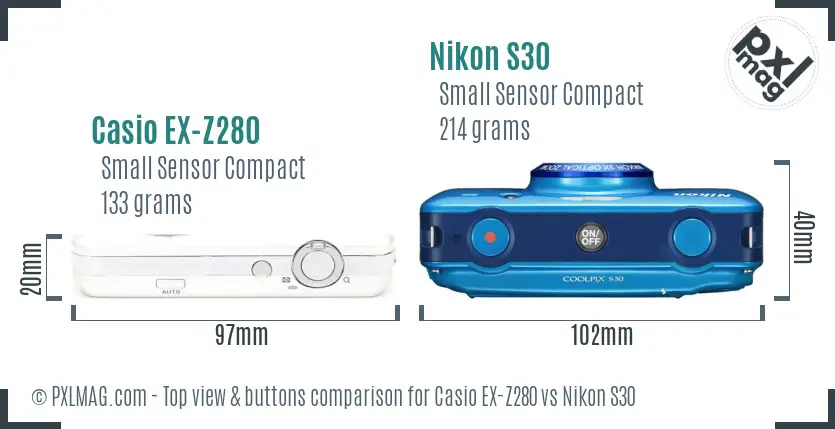 Casio EX-Z280 vs Nikon S30 top view buttons comparison