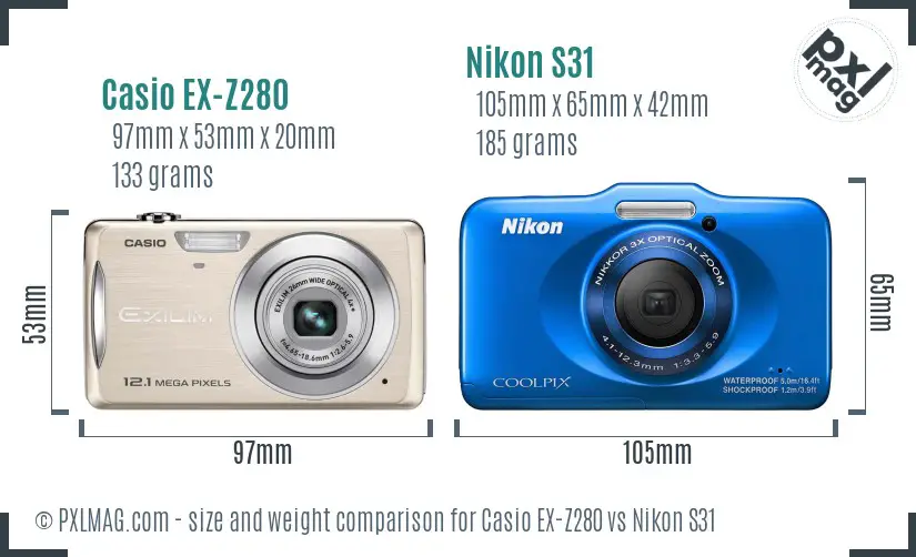 Casio EX-Z280 vs Nikon S31 size comparison