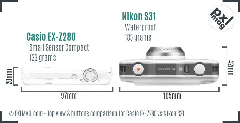 Casio EX-Z280 vs Nikon S31 top view buttons comparison