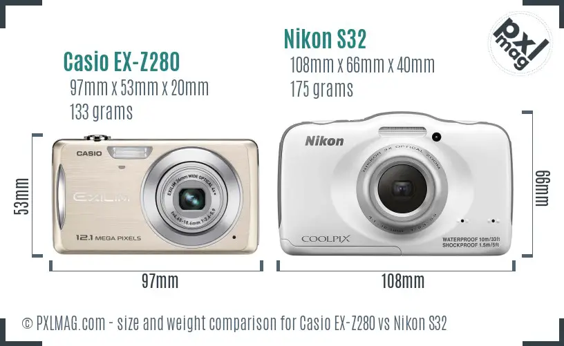 Casio EX-Z280 vs Nikon S32 size comparison