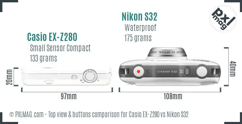 Casio EX-Z280 vs Nikon S32 top view buttons comparison