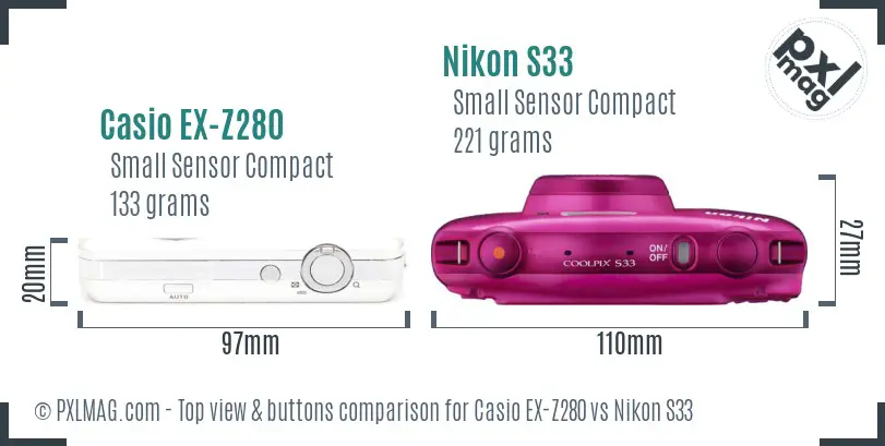 Casio EX-Z280 vs Nikon S33 top view buttons comparison