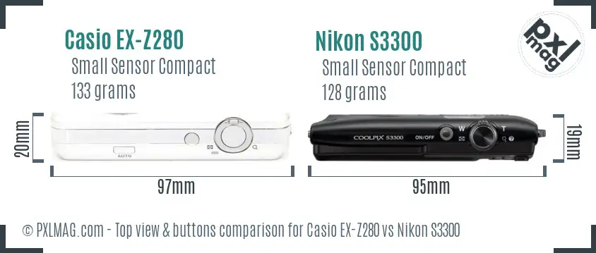 Casio EX-Z280 vs Nikon S3300 top view buttons comparison Casio EX-Z280 vs Nikon S3300 top view buttons comparison