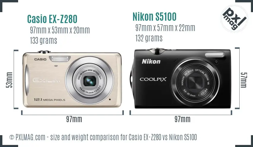Casio EX-Z280 vs Nikon S5100 size comparison
