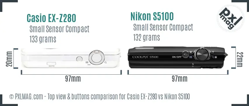 Casio EX-Z280 vs Nikon S5100 top view buttons comparison