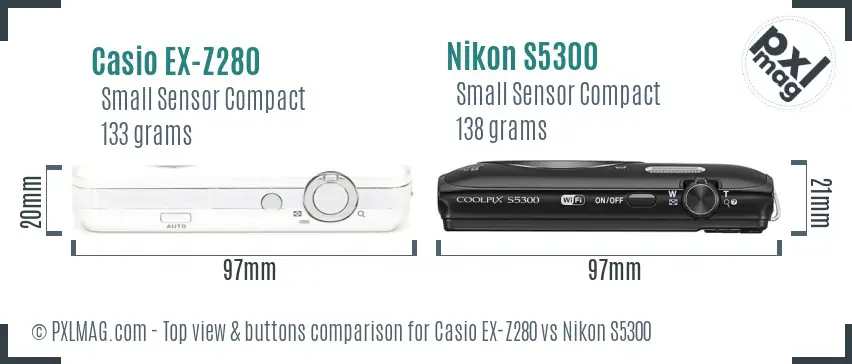 Casio EX-Z280 vs Nikon S5300 top view buttons comparison Casio EX-Z280 vs Nikon S5300 top view buttons comparison