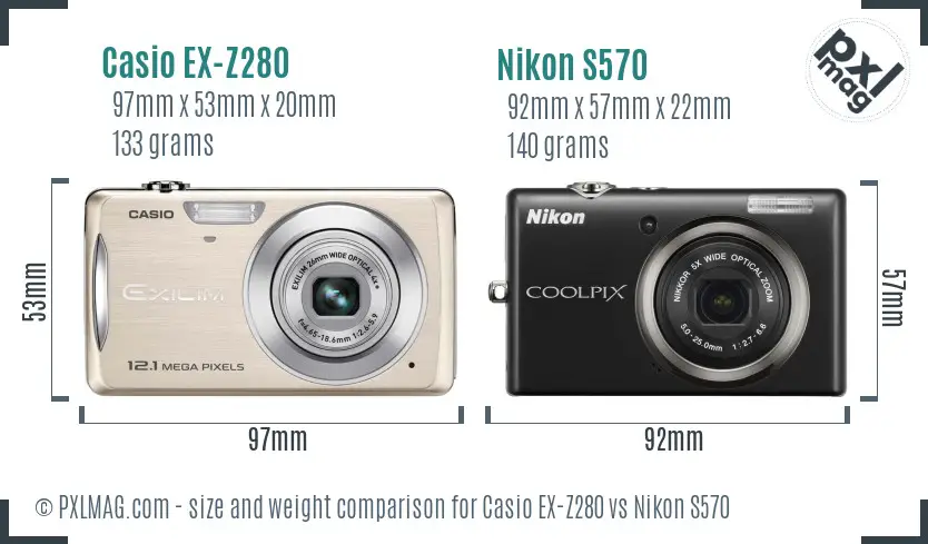 Casio EX-Z280 vs Nikon S570 size comparison