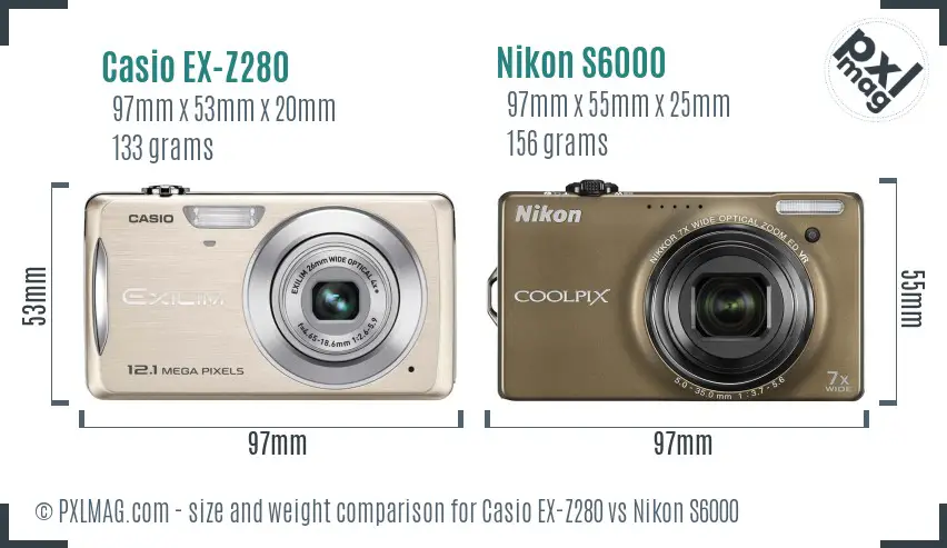 Casio EX-Z280 vs Nikon S6000 size comparison
