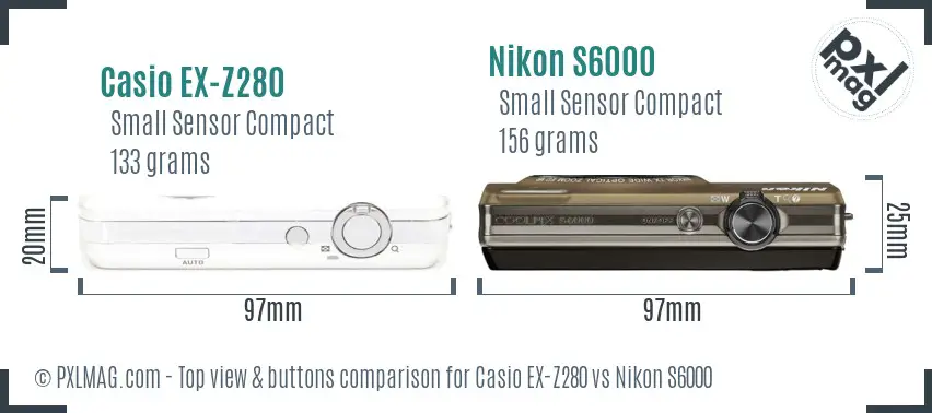 Casio EX-Z280 vs Nikon S6000 top view buttons comparison