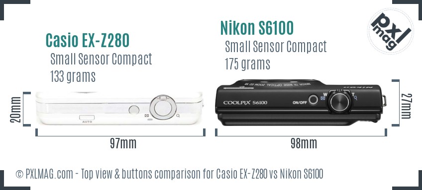 Casio EX-Z280 vs Nikon S6100 top view buttons comparison