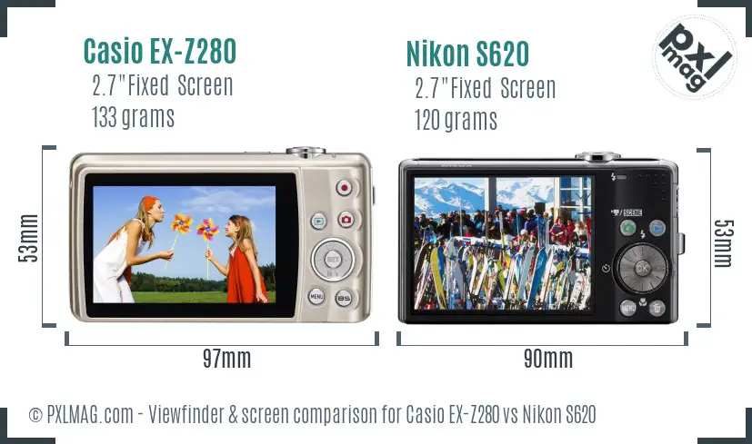 Casio EX-Z280 vs Nikon S620 Screen and Viewfinder comparison