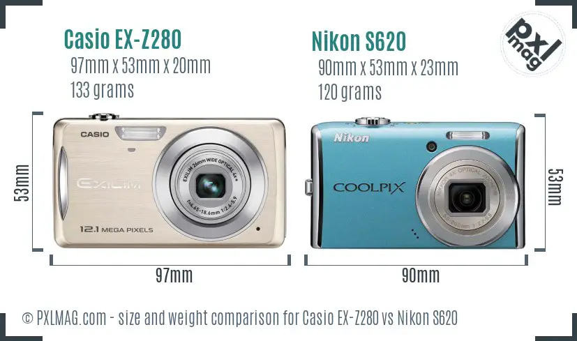 Casio EX-Z280 vs Nikon S620 size comparison