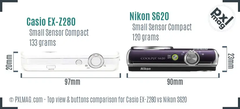 Casio EX-Z280 vs Nikon S620 top view buttons comparison