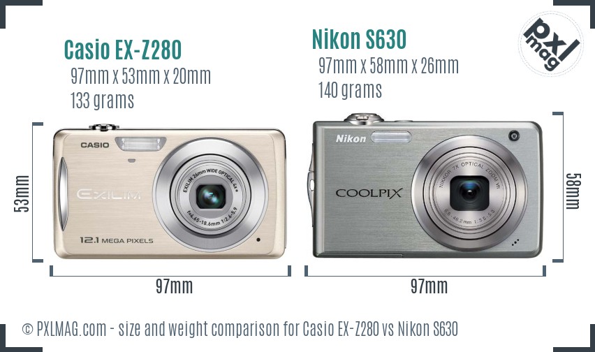 Casio EX-Z280 vs Nikon S630 size comparison