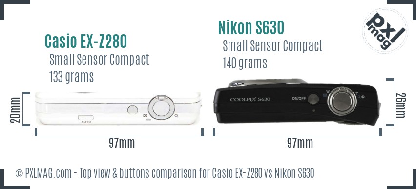 Casio EX-Z280 vs Nikon S630 top view buttons comparison