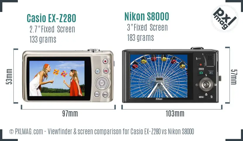 Casio EX-Z280 vs Nikon S8000 Screen and Viewfinder comparison