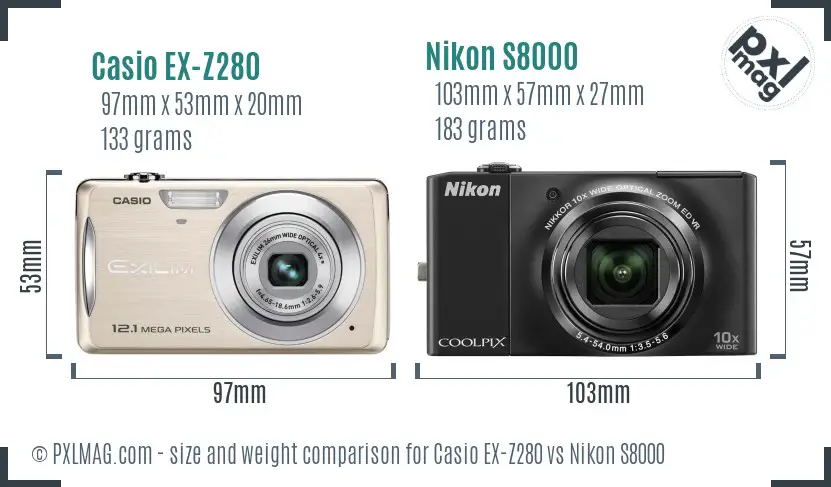 Casio EX-Z280 vs Nikon S8000 size comparison