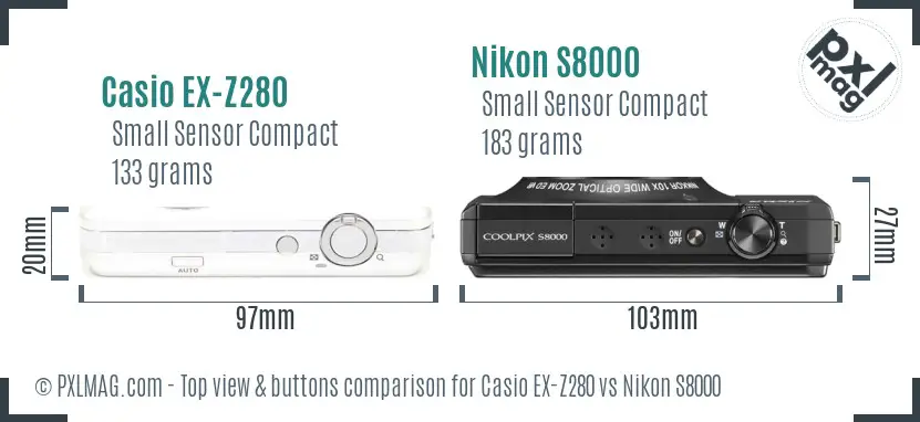 Casio EX-Z280 vs Nikon S8000 top view buttons comparison